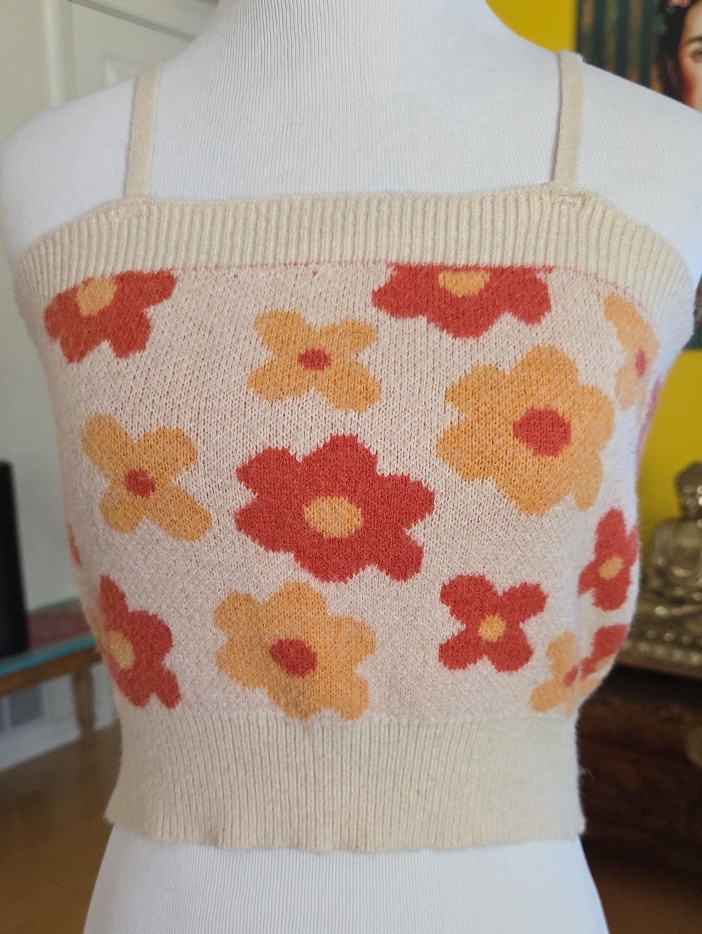 Floral Knit Cami Cropped Tank Top in Cream with Orange & Red Flowers